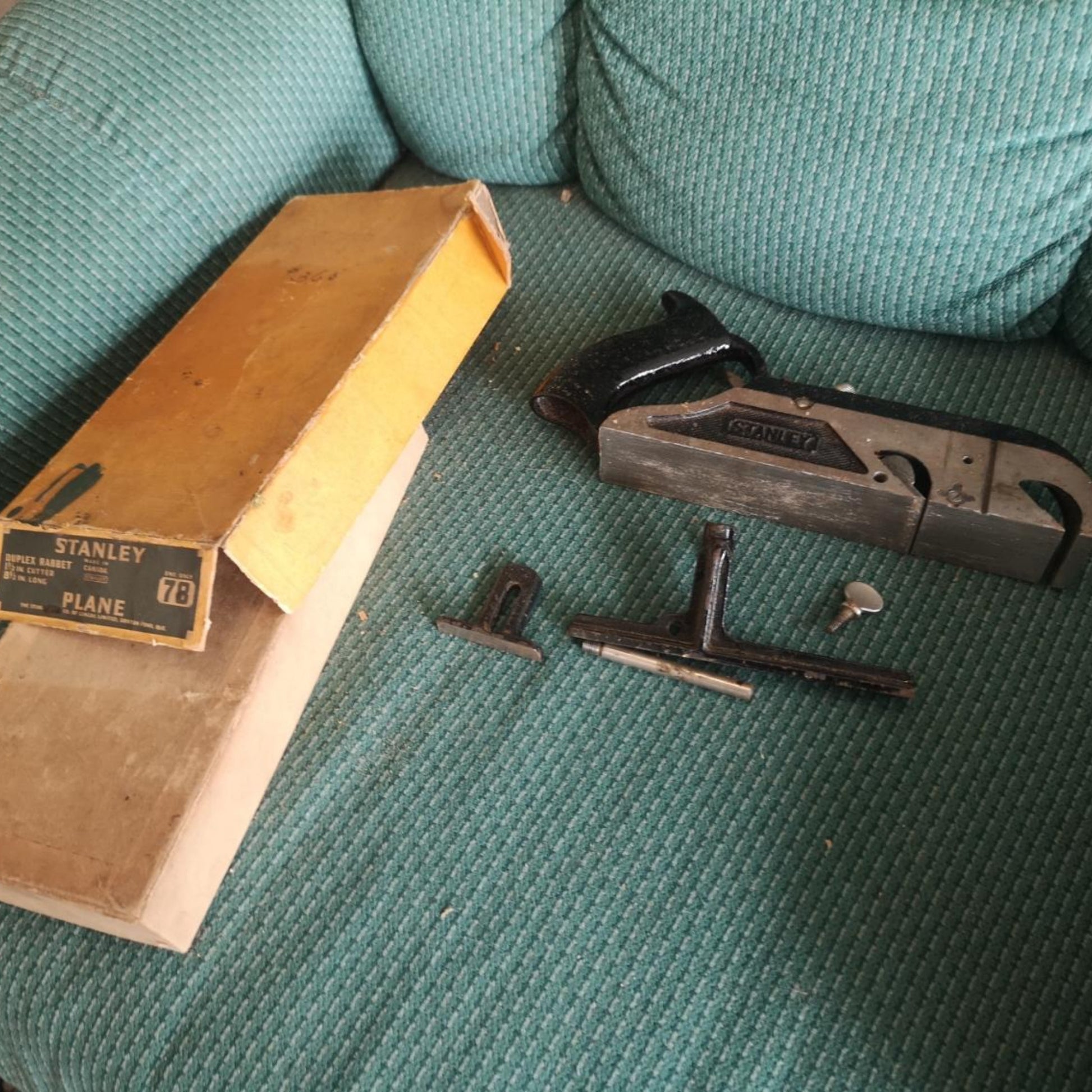 Vintage Stanley No. 78 Duplex Rabbet Plane box with green label, made in Canada, featuring 1 ½-inch cutter and 8 ½-inch body.