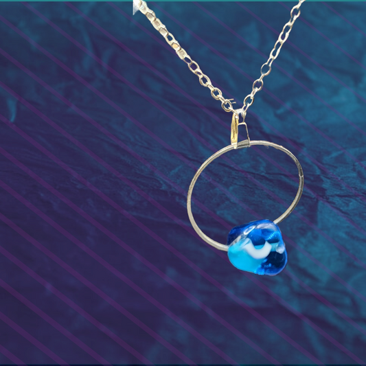 Blue glass bead with silver coloured tone drop stone pendant on a link chain. - Devil n Dove Online