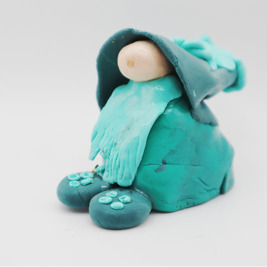 Aqua Gnome - Handcrafted Polymer Clay Figurine with flowing beard and pointed hat in soothing aqua tones