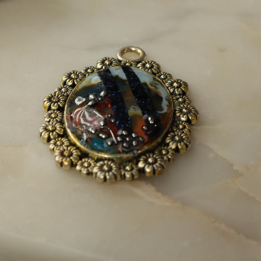 Vintage-Inspired Resin and Brass Floral Pendant with abstract center