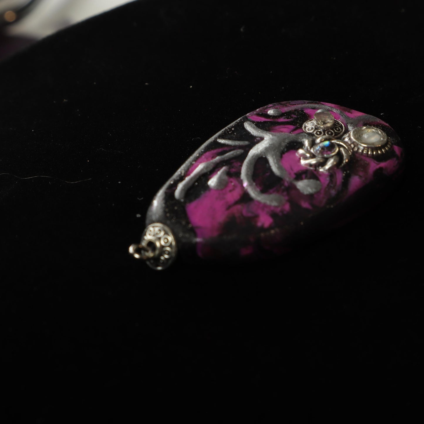 Abstract Purple and Silver Polymer Clay Pendant with metallic accents