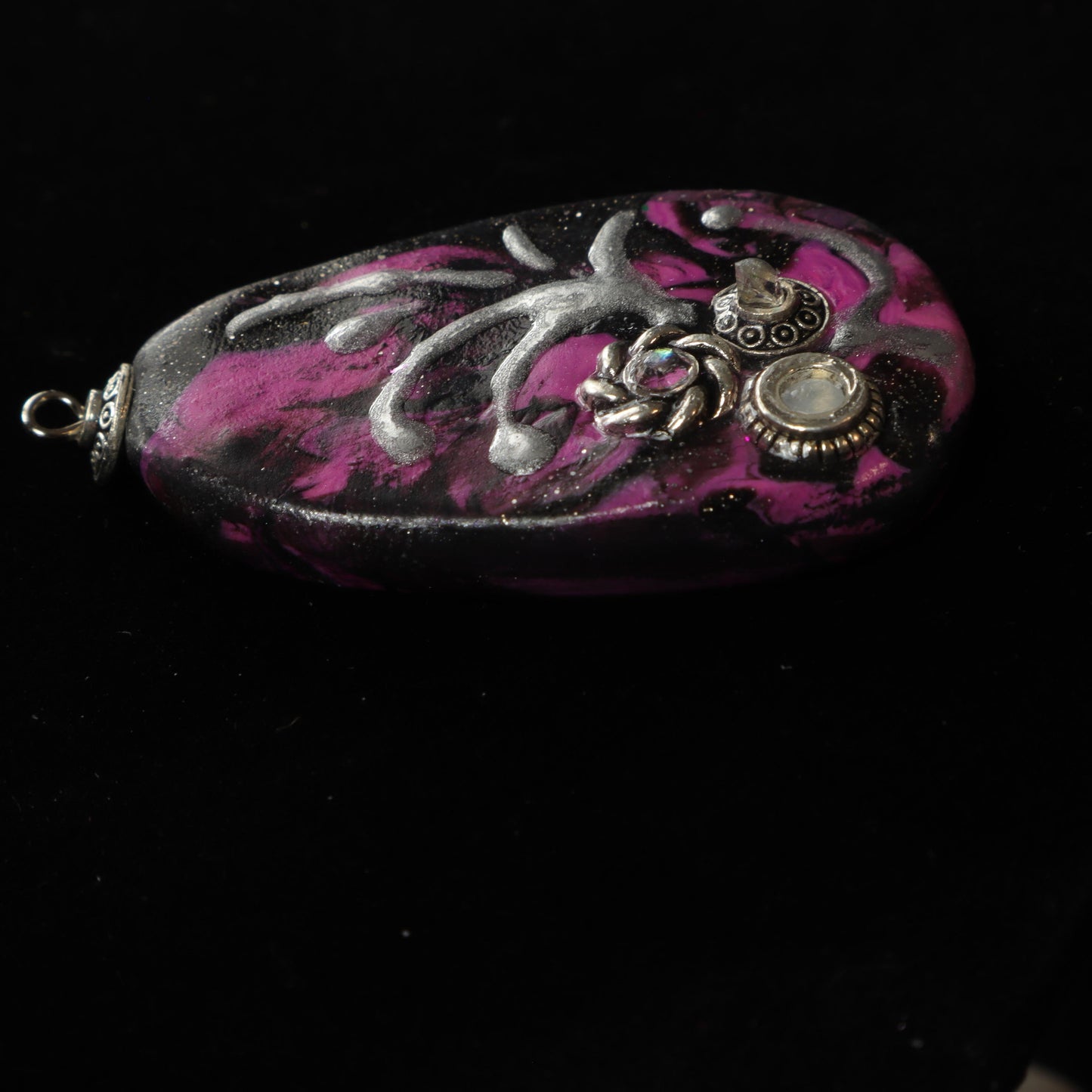 Abstract Purple and Silver Polymer Clay Pendant with metallic accents