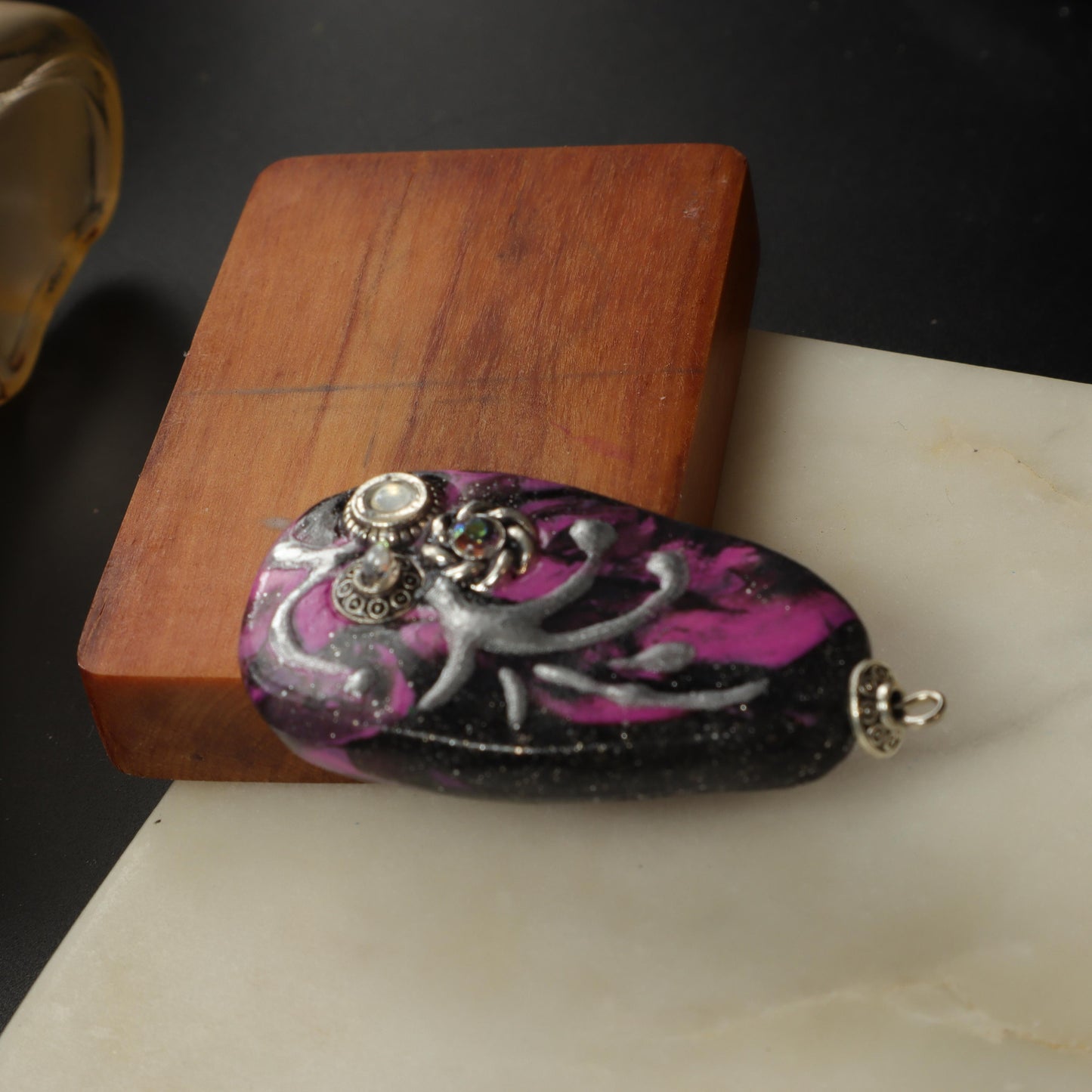 Abstract Purple and Silver Polymer Clay Pendant with metallic accents