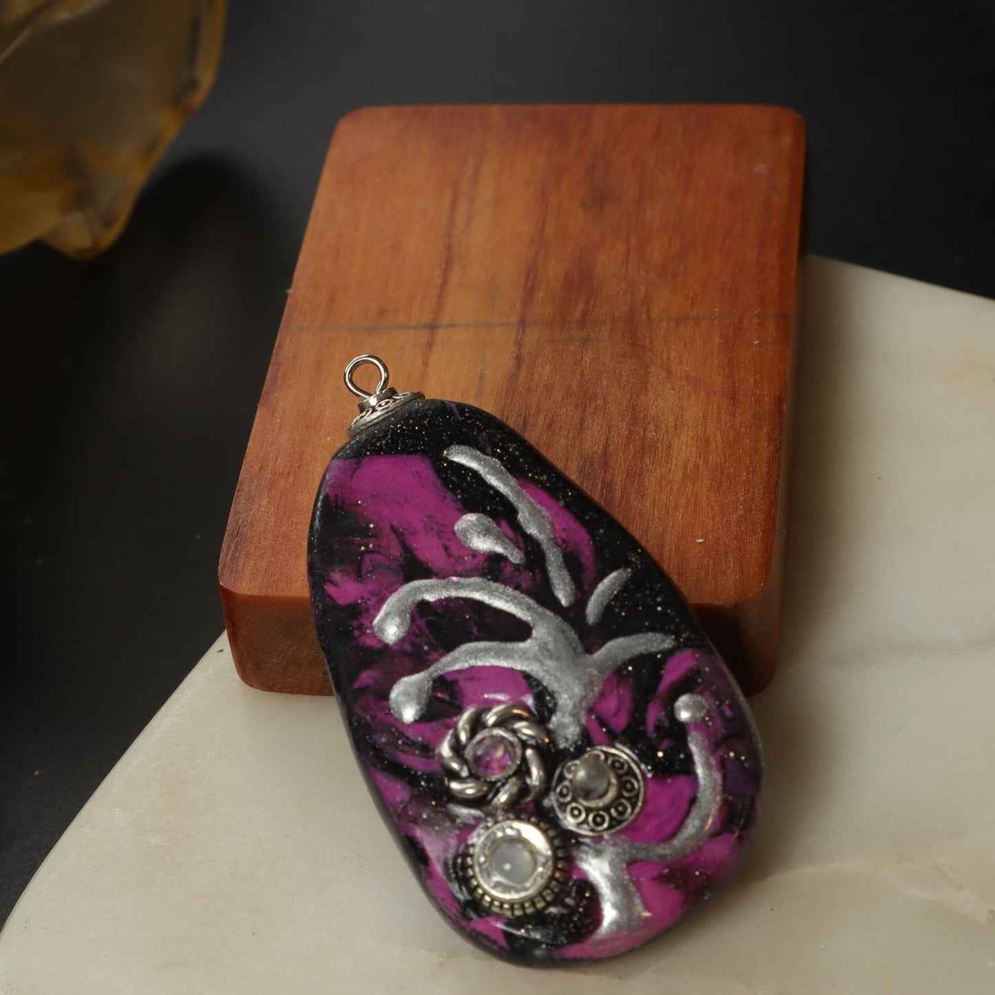 Abstract Purple and Silver Polymer Clay Pendant with metallic accents