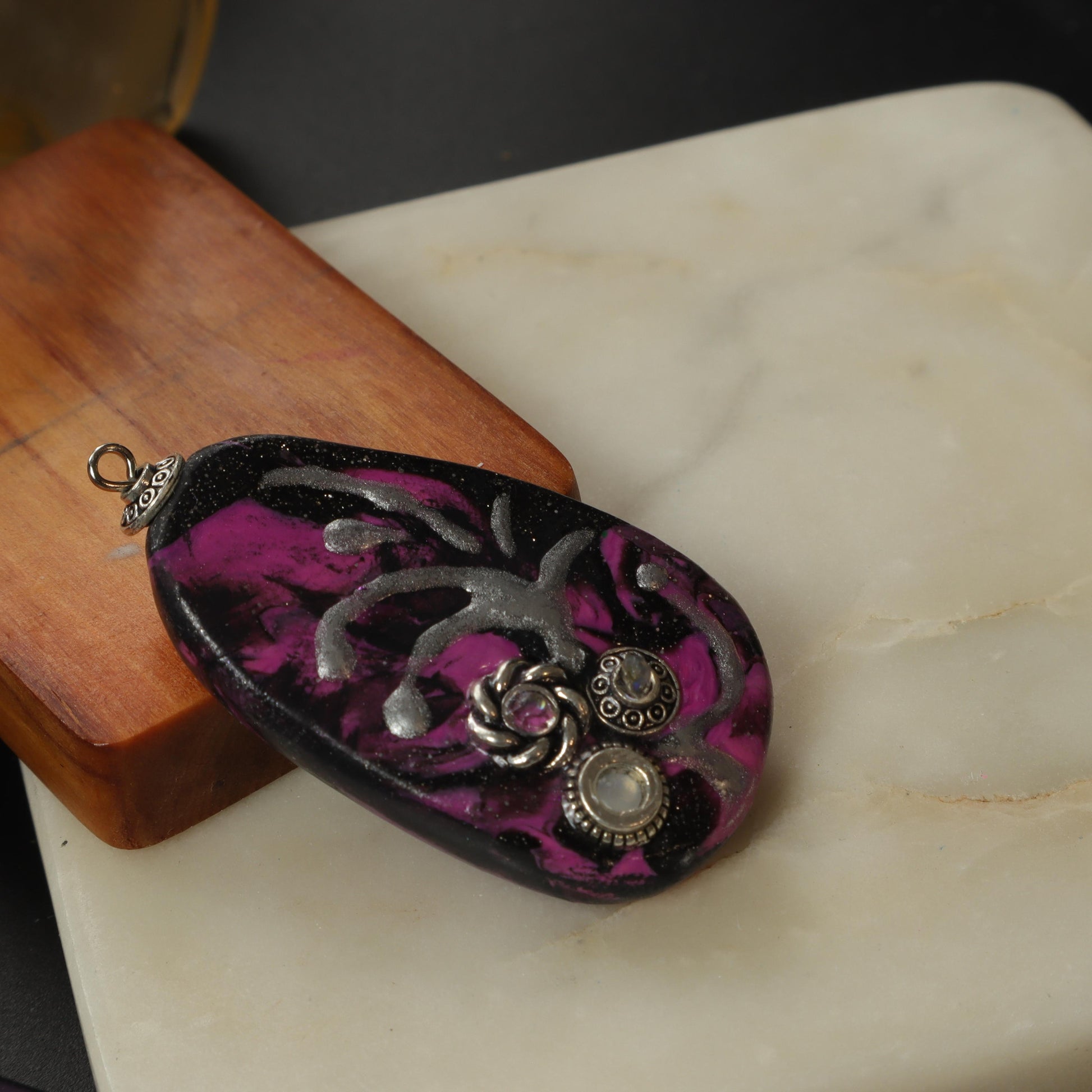 Abstract Purple and Silver Polymer Clay Pendant with metallic accents