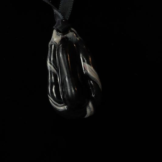 Black Obsidian Wrapped in Polymer Clay Pendant with marbled black and white design 