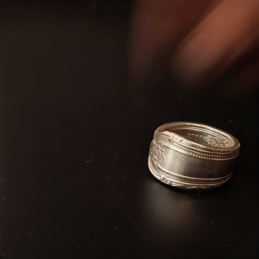 Vintage Silver-Plated Spoon Ring - Size 10, handcrafted from upcycled flatware with intricate design, perfect for a timeless and elegant look