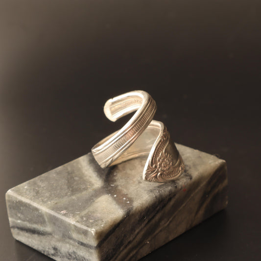 Handcrafted Silver-Plated Spoon Ring - Size 6, made from vintage flatware with intricate wraparound design, perfect for an elegant and timeless look