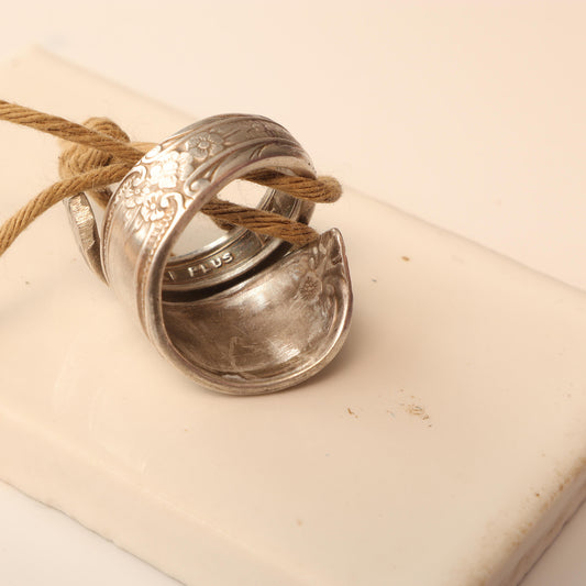 Unique size 7 silver-plated spoon ring made from vintage spoon handle