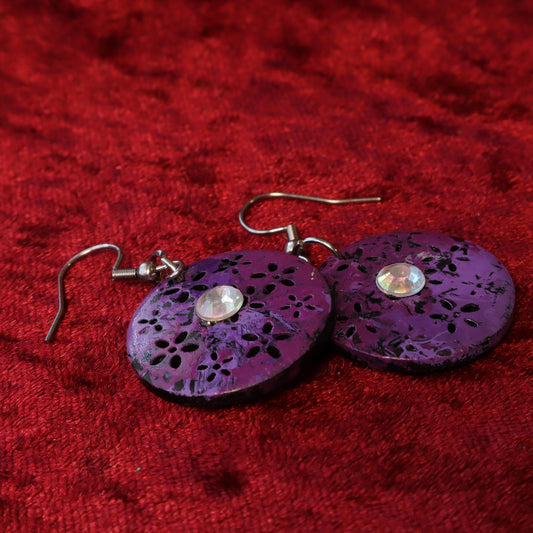 Purple floral cutout upcycled button earrings with rhinestone center