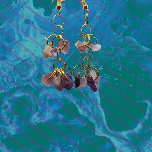 Violet Stone Bead Drop Earrings with golden frame"